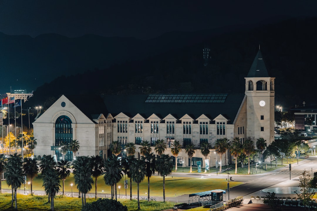 Historic building with tower at night