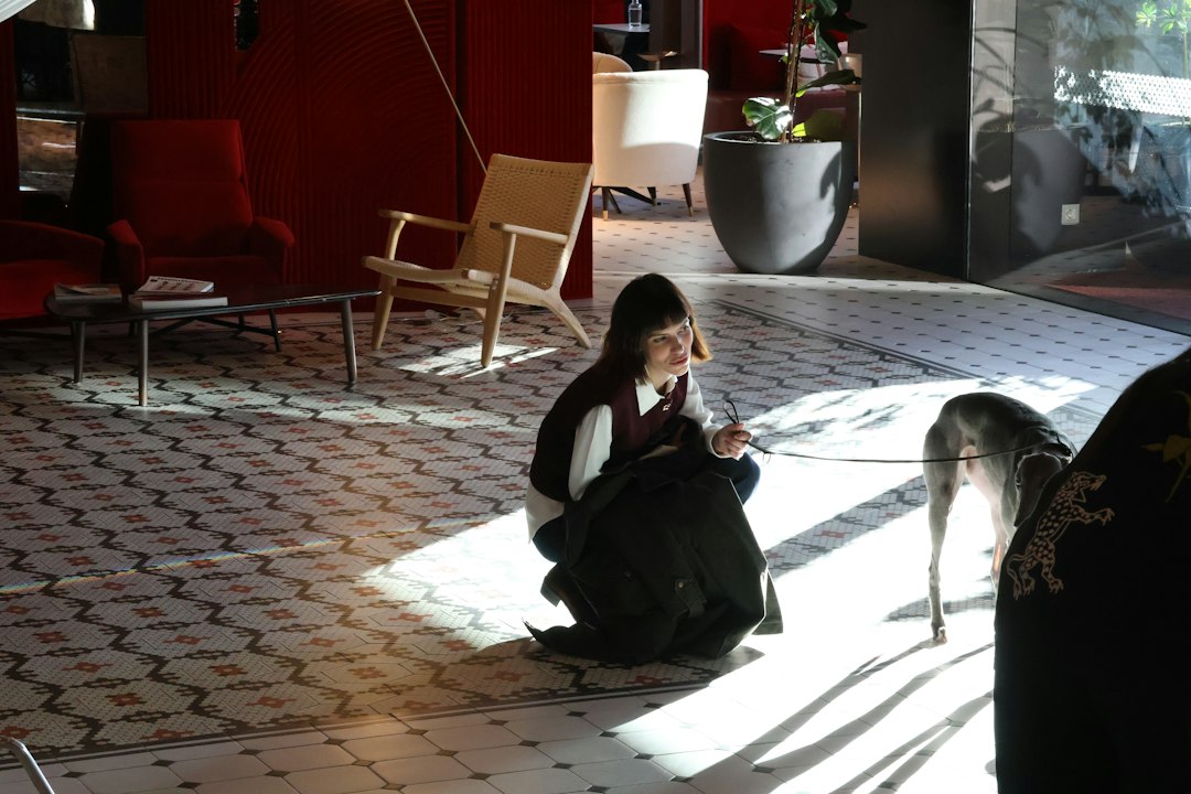 Girl and dog sitting in a sunlit room