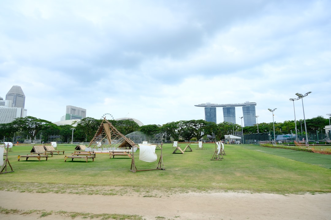 Park with playground and city skyline in background