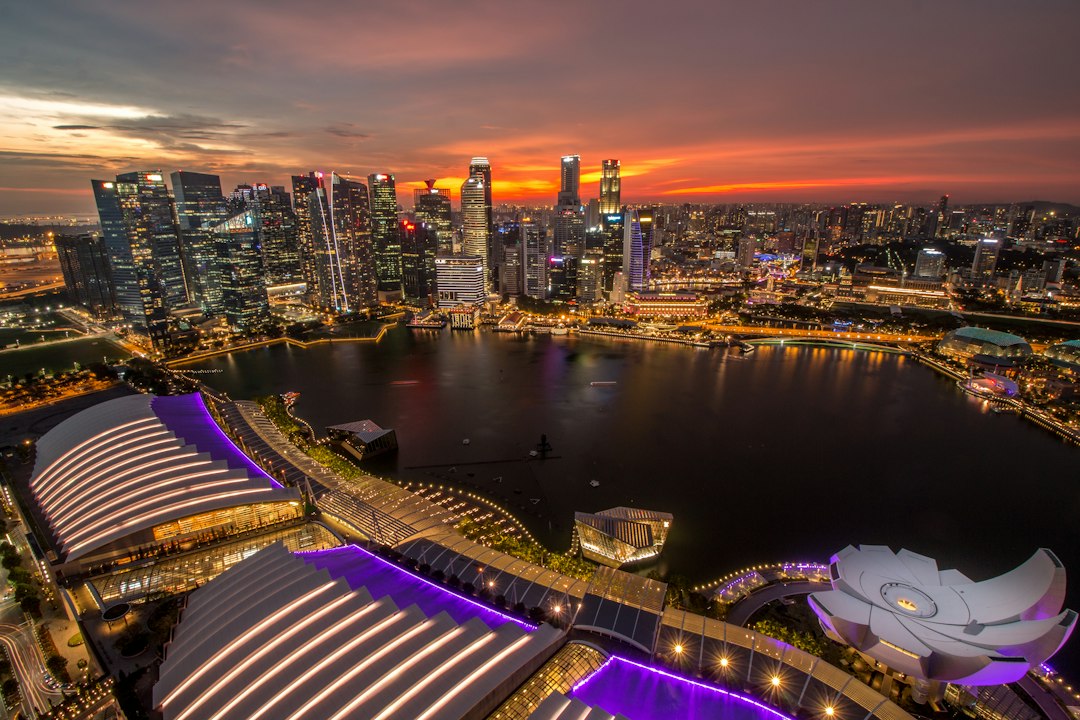 an aerial view of a city at night
