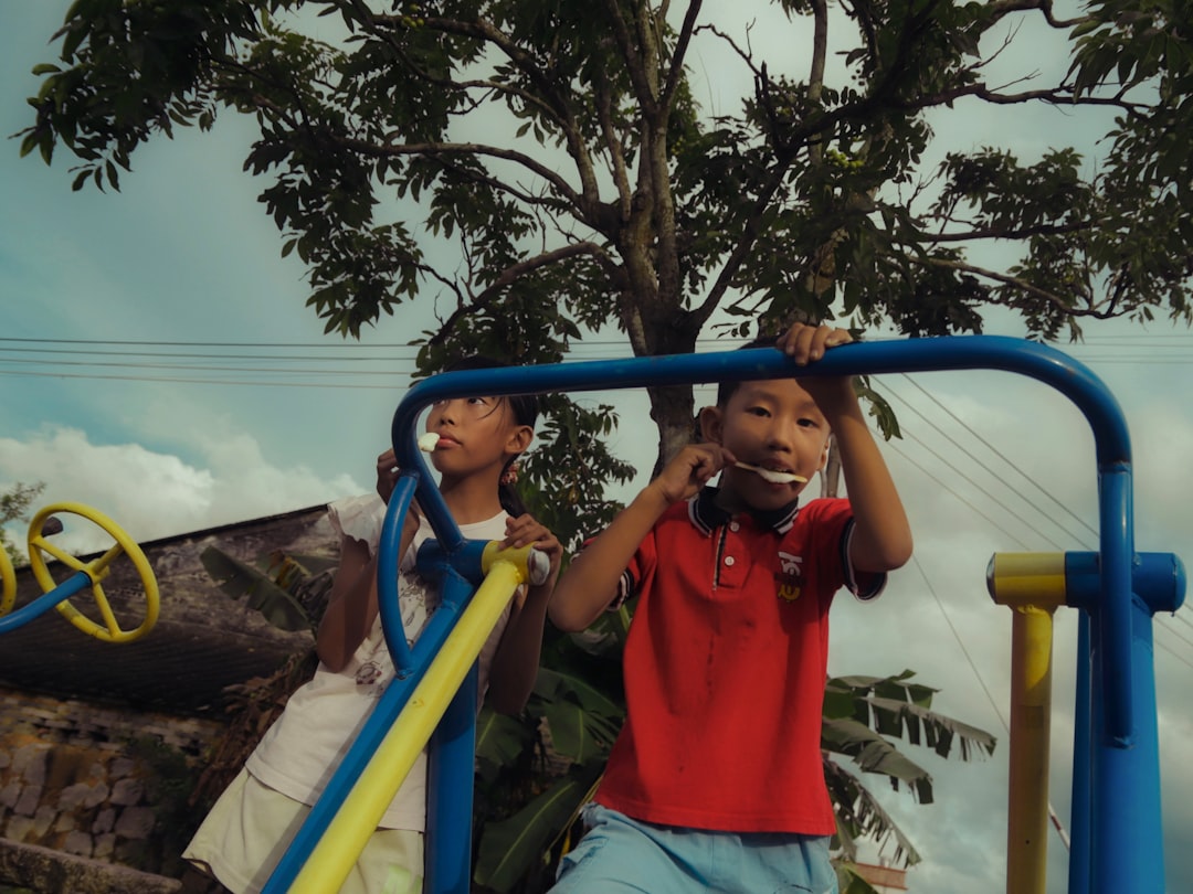 Two boys on a playground structure.