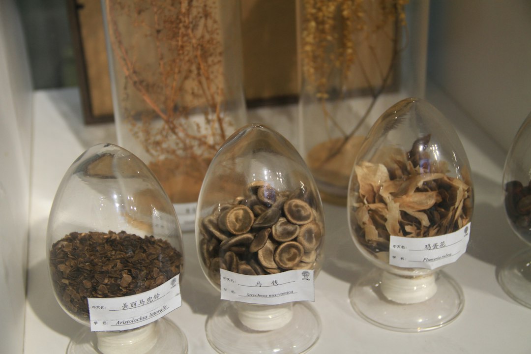 Dried organic materials displayed in glass containers