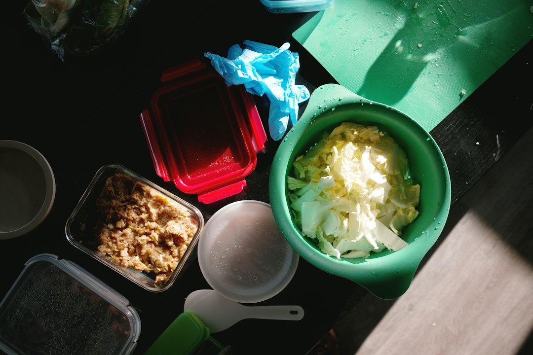 Overhead view of chopped vegetables and ingredients for cooking