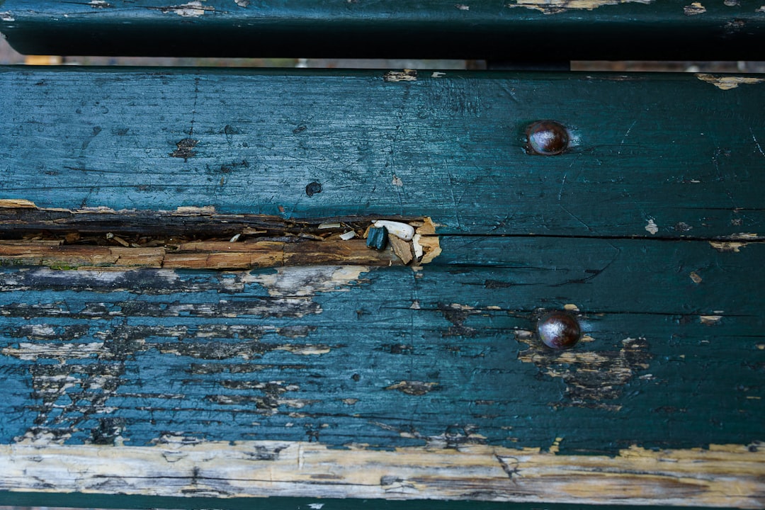 Close-up of distressed teal painted wooden planks with exposed grain.