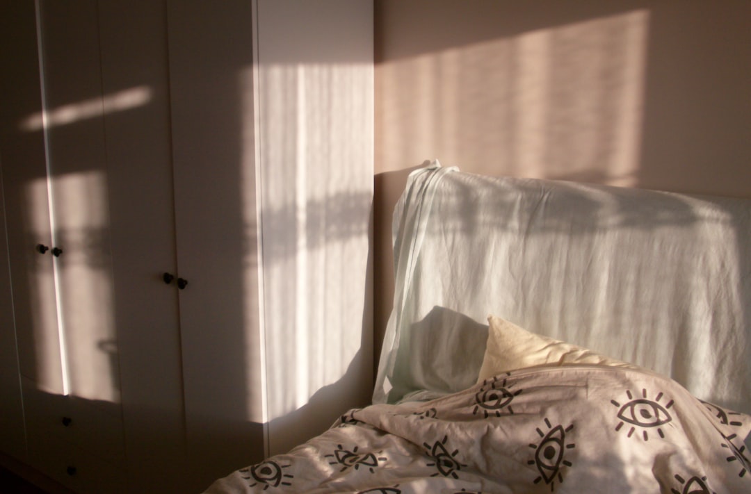 Sunlight streams across a bed and closet.