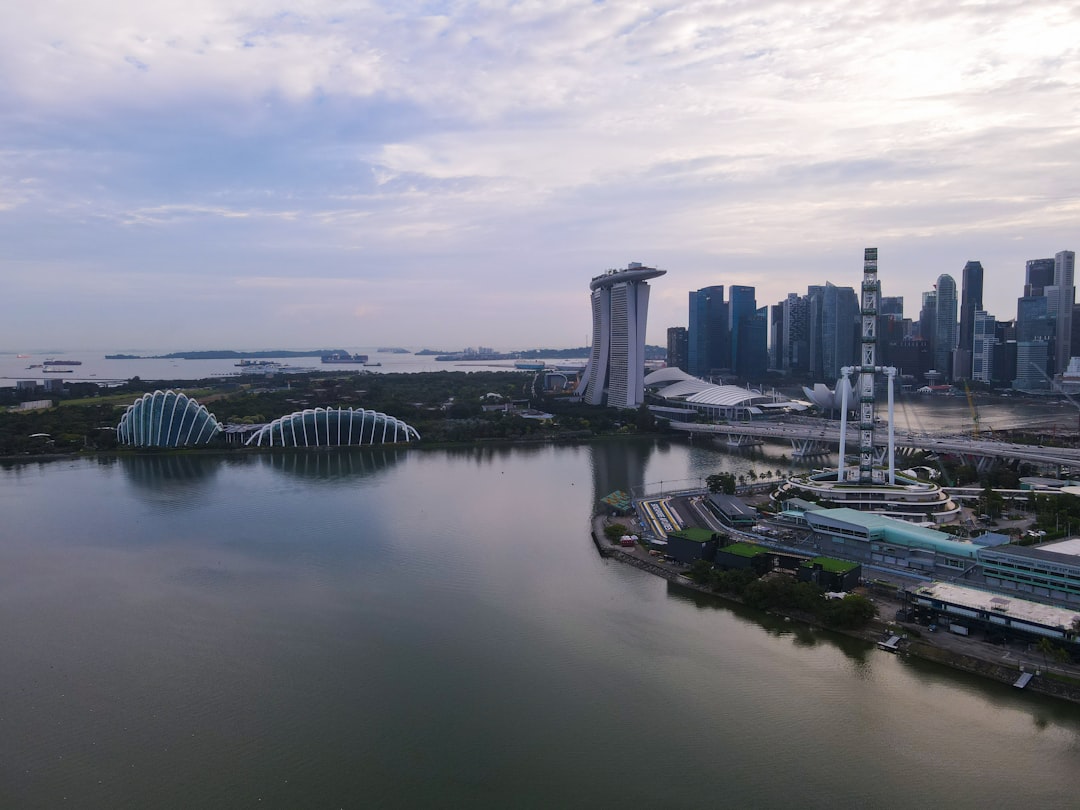 Singapore skyline with gardens by the bay at sunrise.