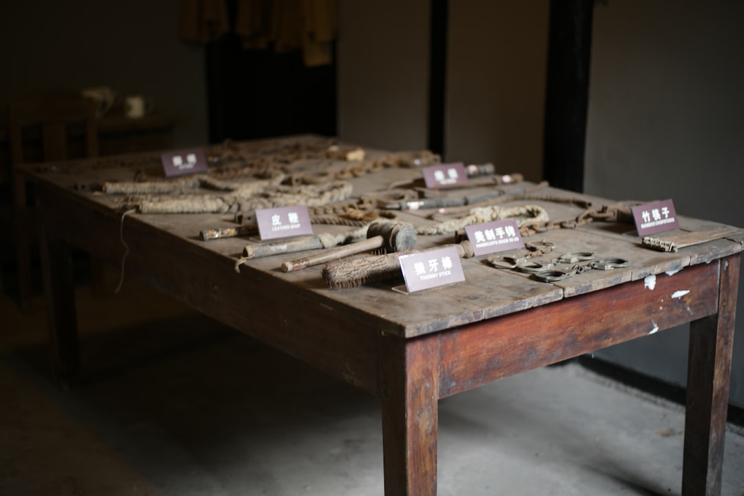 Table with artifacts and informational signs