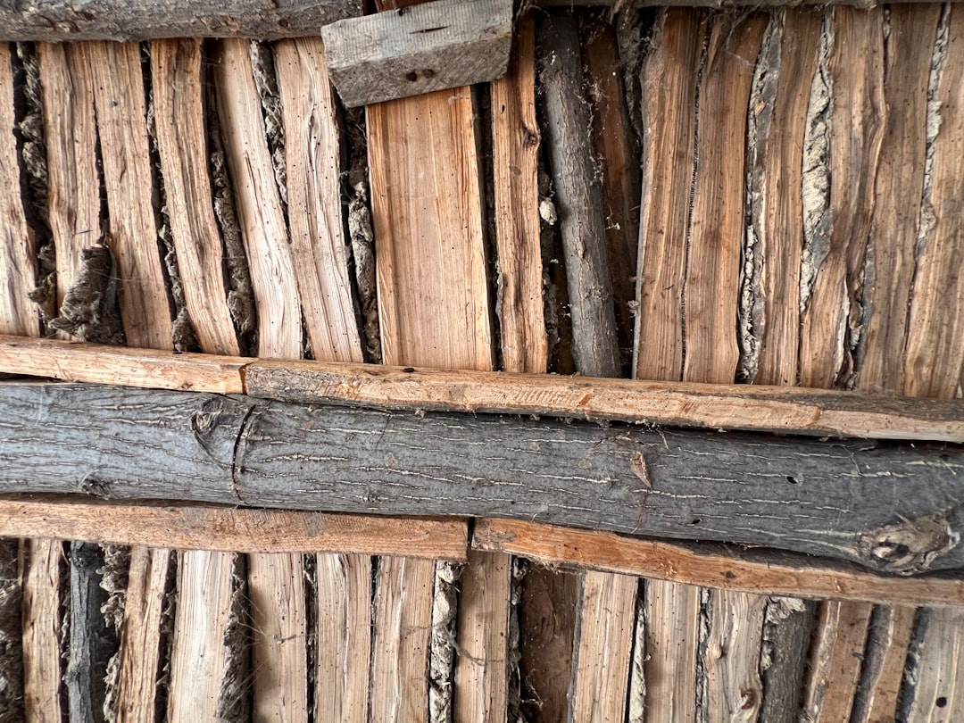 Rough wooden planks and logs form a rustic wall.