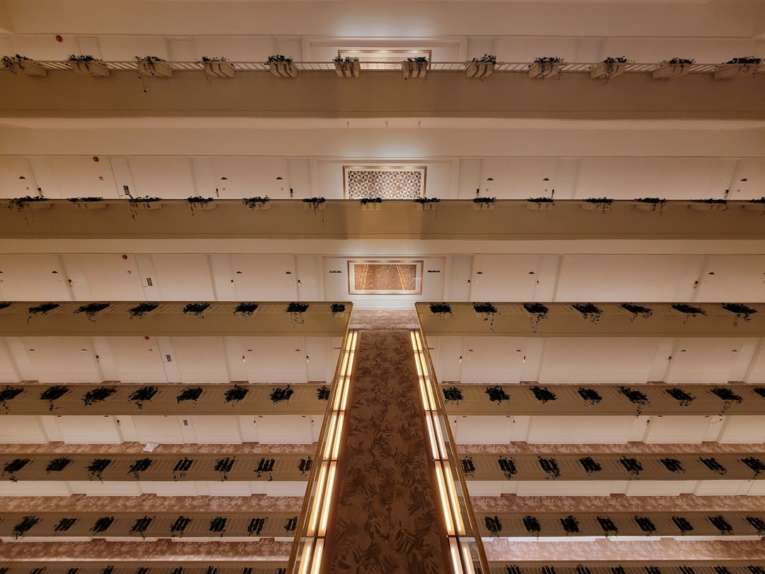 An overhead view of a building with a staircase