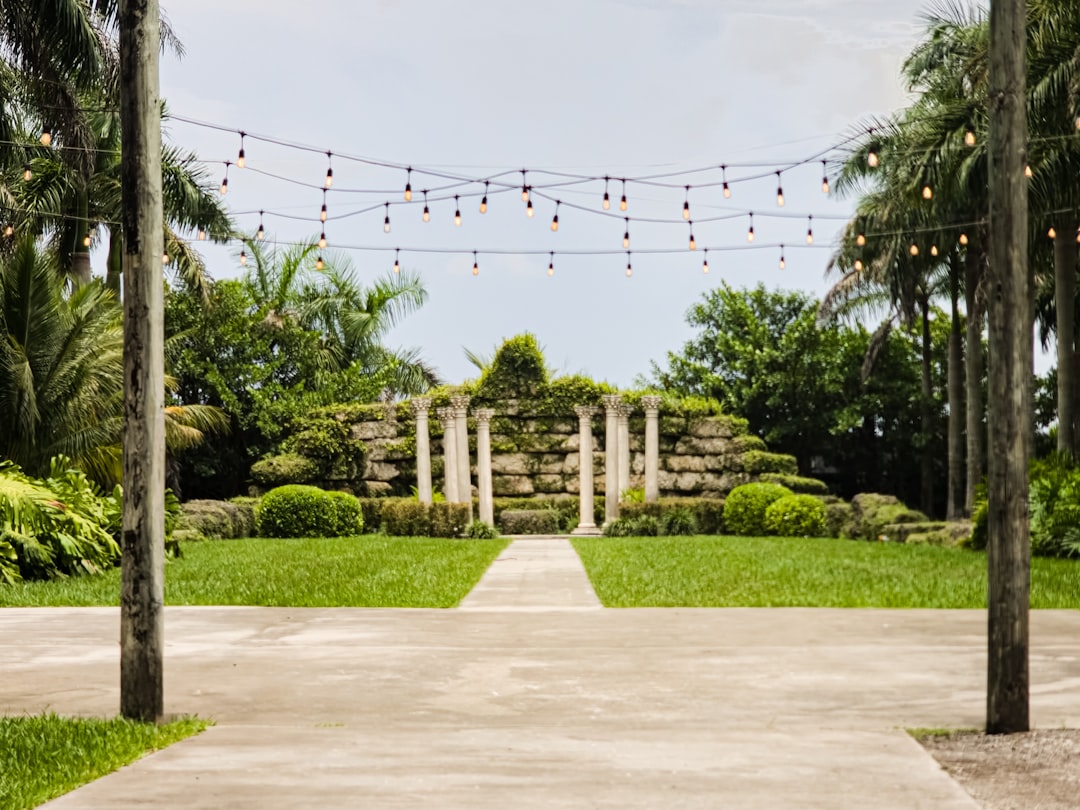 Garden pathway leading to stone ruins with string lights